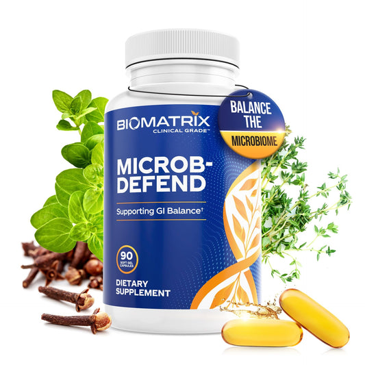 BioMatrix Microb-Defend bottle on counter suggesting daily gut balance.