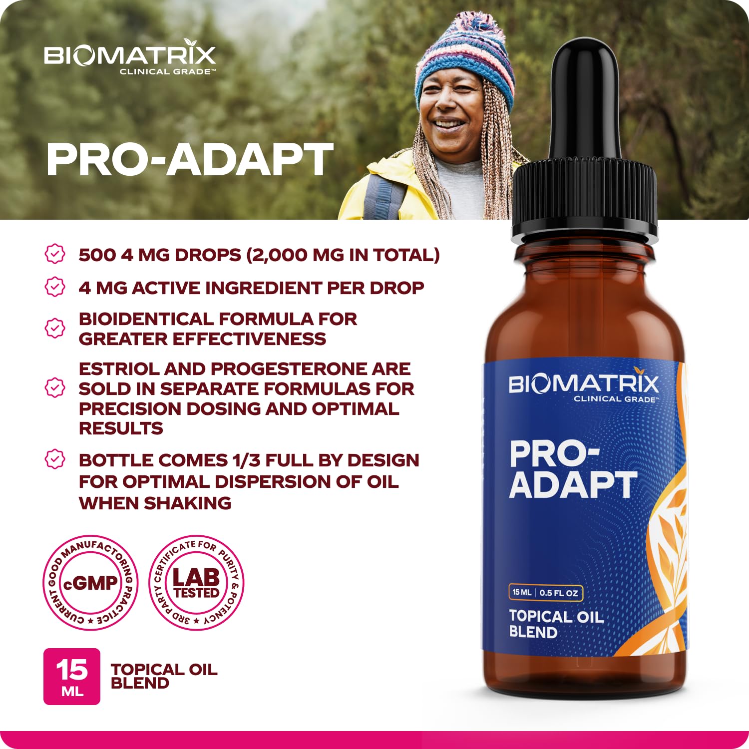 BioMatrix Progesterone oil drop close-up showing silky texture