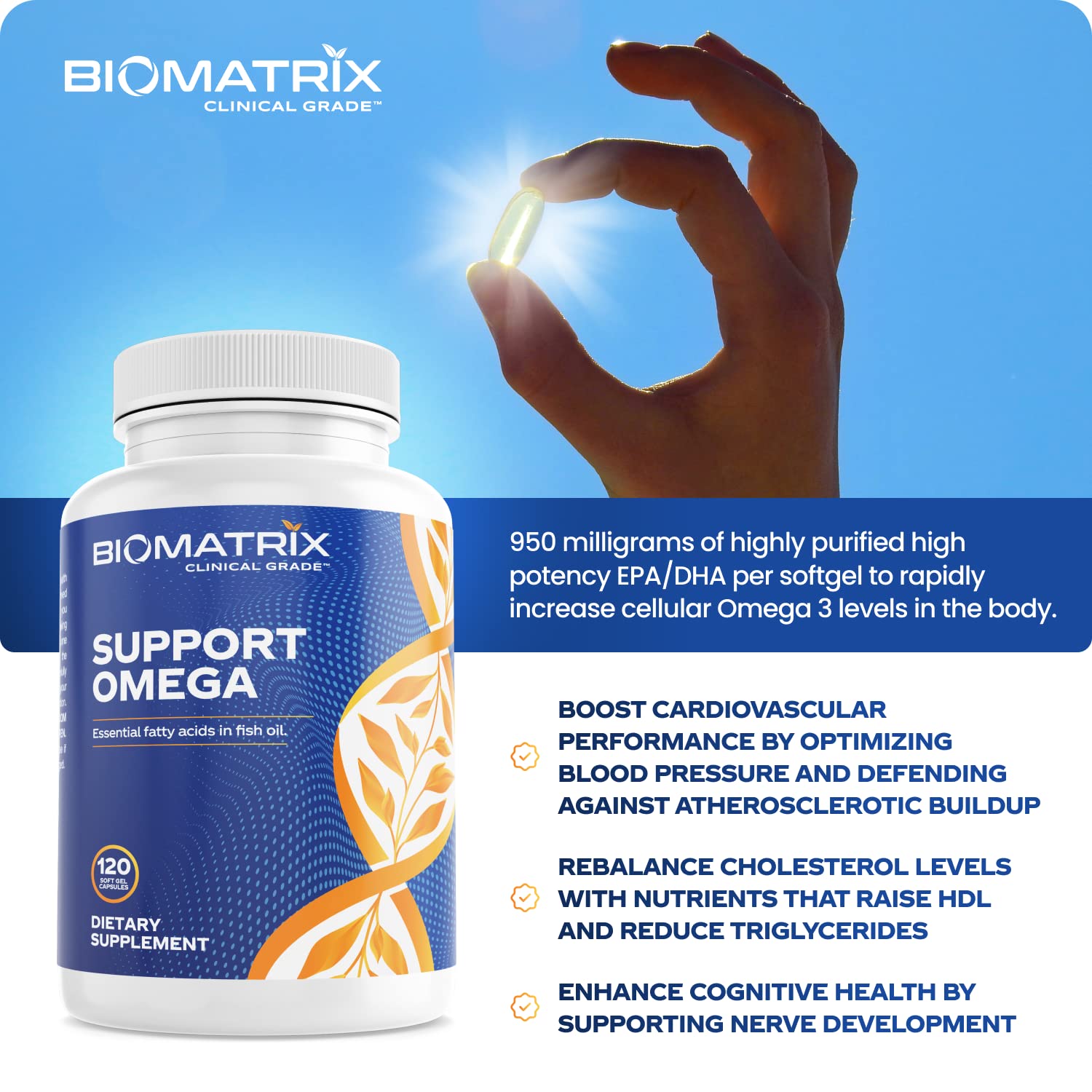 120-cap BioMatrix omega-3 bottle ready for daily routine.