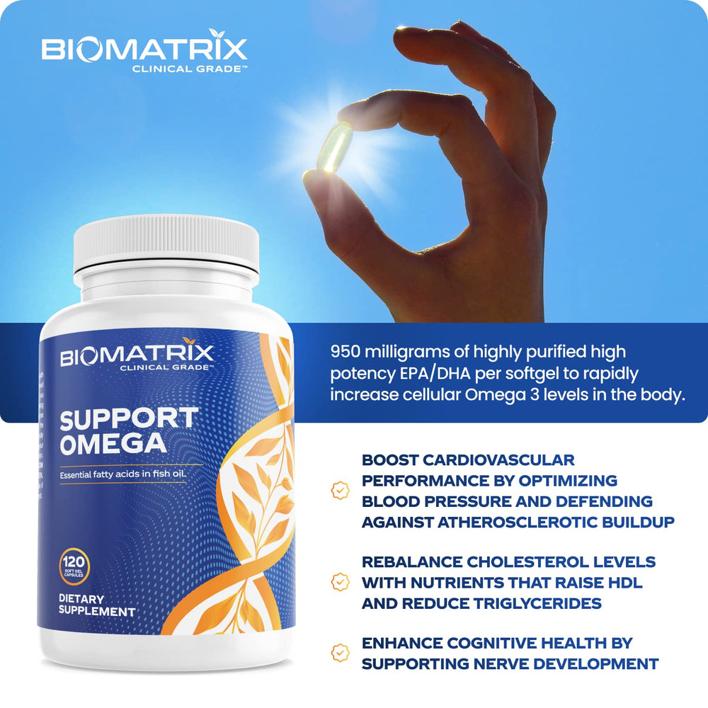 120-cap BioMatrix omega-3 bottle ready for daily routine.