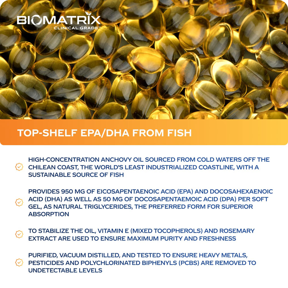 BioMatrix omega-3 bottle label emphasizing USP-verified ingredients.