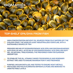 BioMatrix omega-3 bottle label emphasizing USP-verified ingredients.