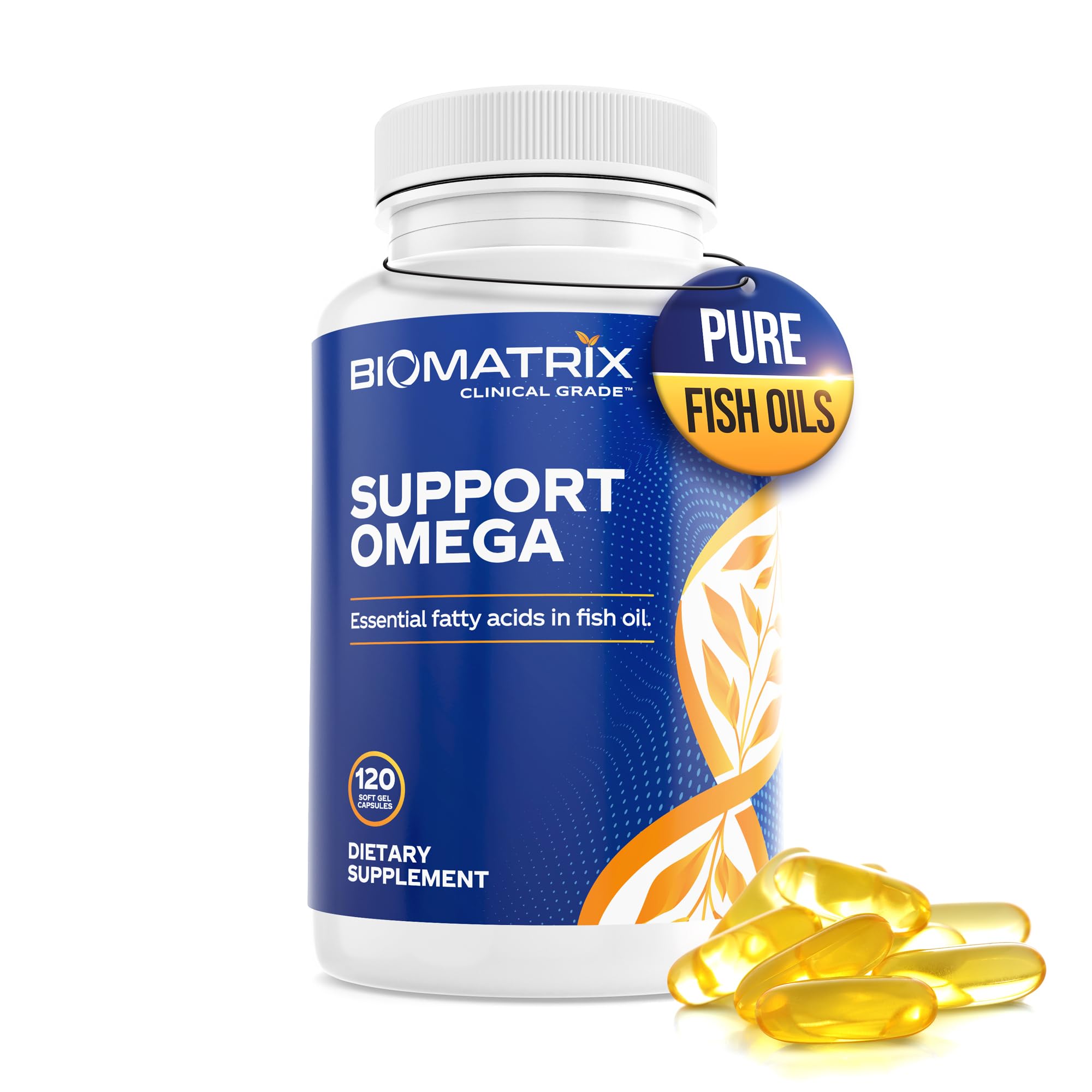 BioMatrix Support Omega softgels close-up showing 820 mg EPA/DHA per capsule.