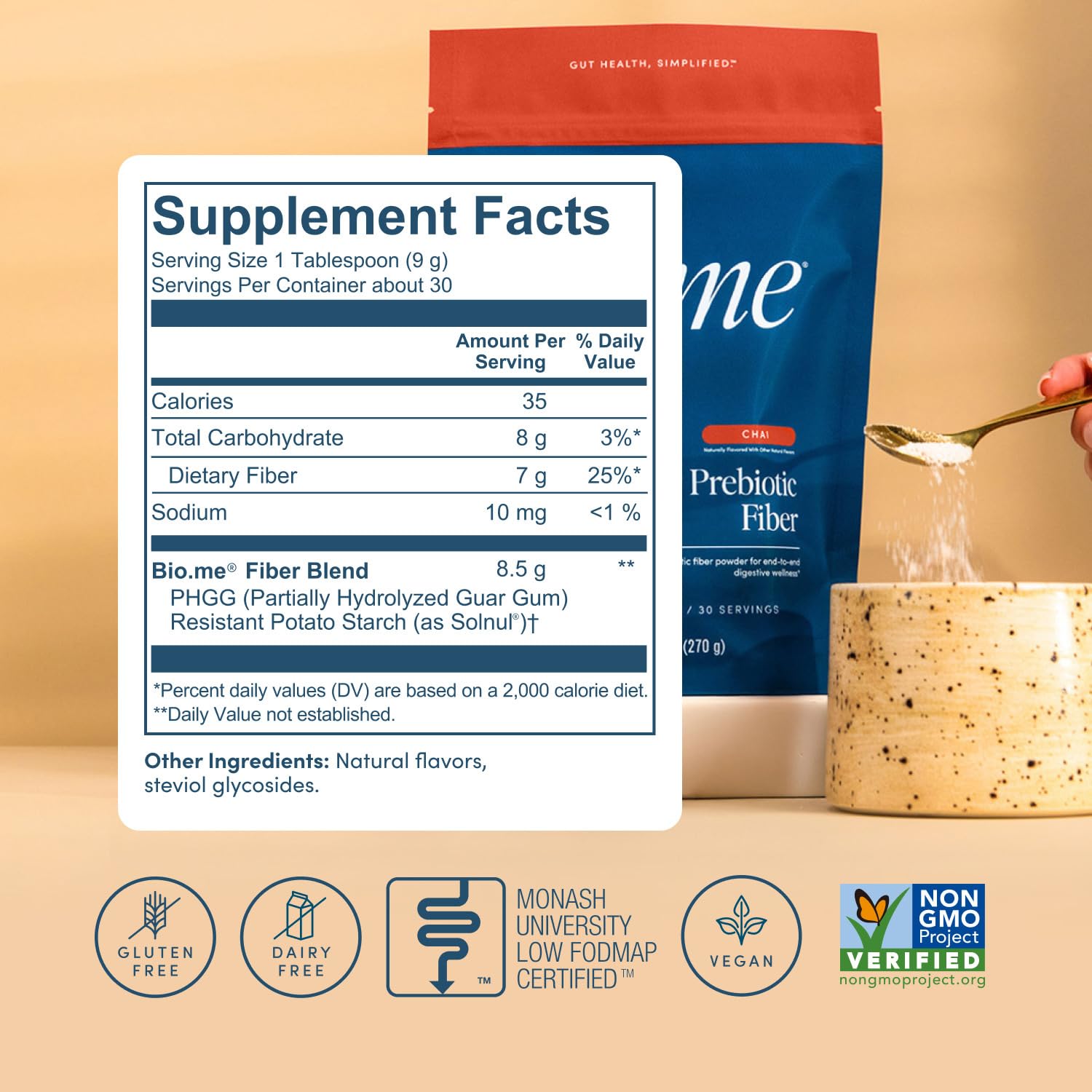 Bio.me label notes glyphosate-residue-free, non-GMO, vegan benefits.
