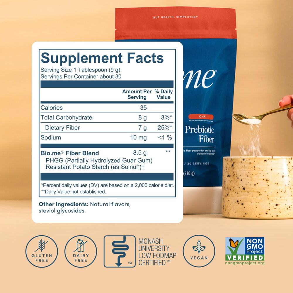 Bio.me label notes glyphosate-residue-free, non-GMO, vegan benefits.