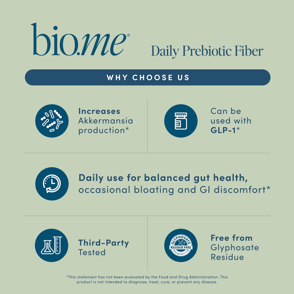 Bio.me canister and scoop shown for convenient daily fiber use.