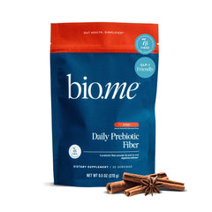 Bio.me daily prebiotic fiber powder chai bottle supports balanced digestion.