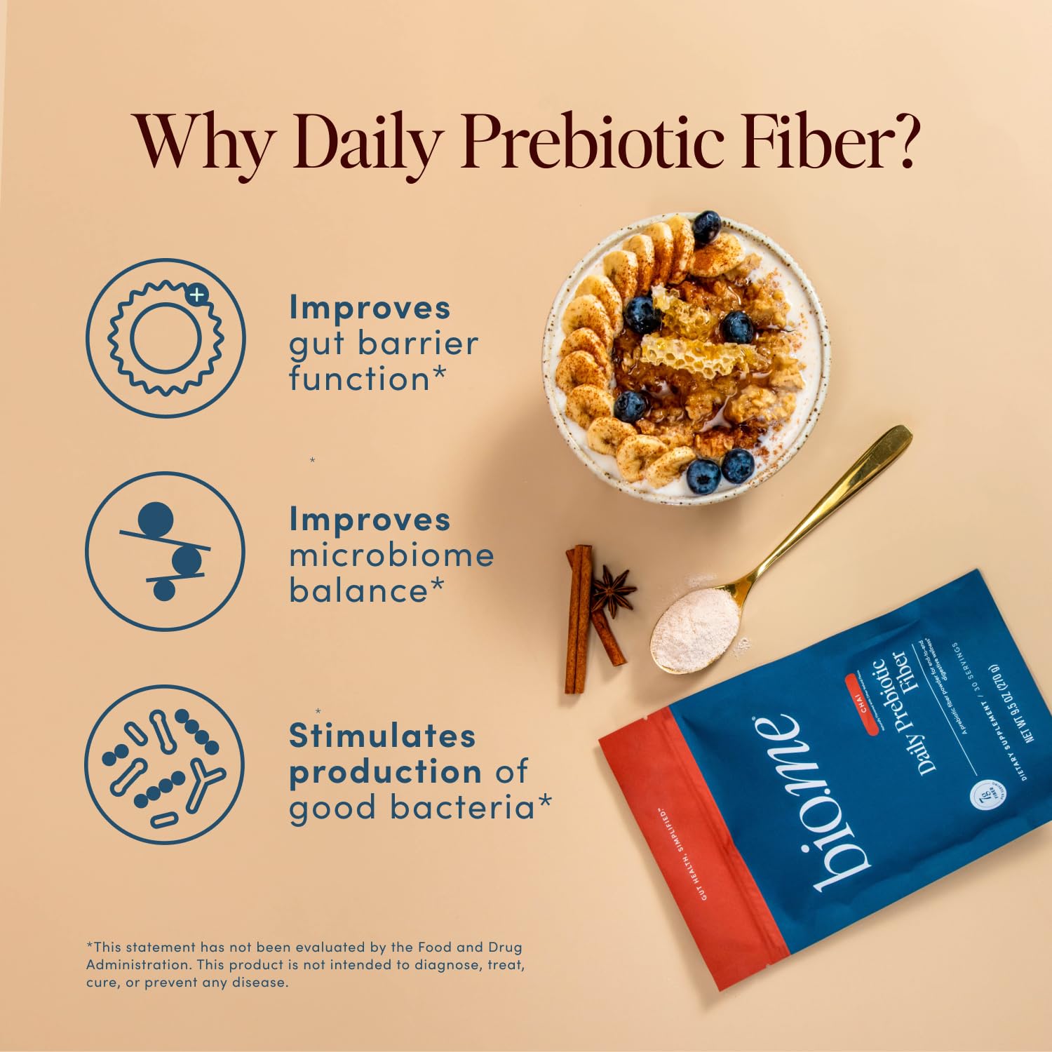 Bio.me prebiotic fiber powder dispensing jar shows clean packaging.