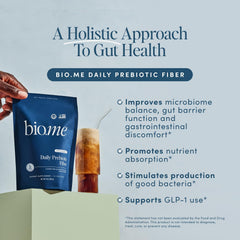 Bio.me Daily Prebiotic Fiber powder dissolving in water for easy hydration.