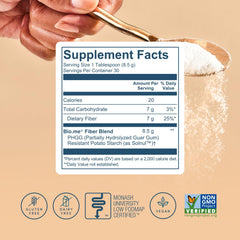 Bio.me fiber powder in glass highlighting versatility with beverages.