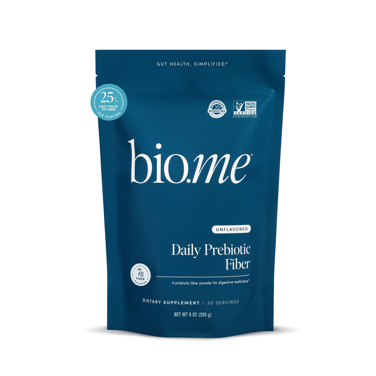 Bio.me Daily Prebiotic Fiber powder unflavored with 7g per serving supports digestive balance.