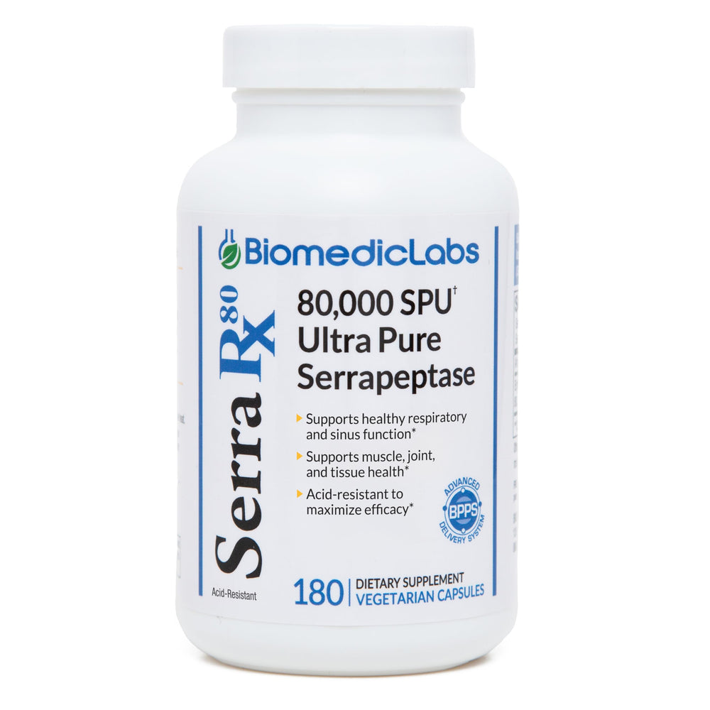 Biomedic Labs RX Serra-RX 80k bottle front with acid-resistant enzyme packaging