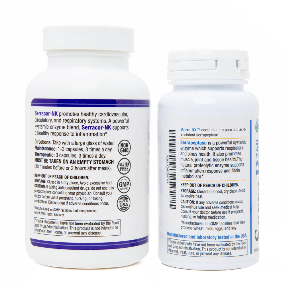 Biomedic Labs RX Serra-RX bottle image; promotes post-surgery recovery and mucus management.