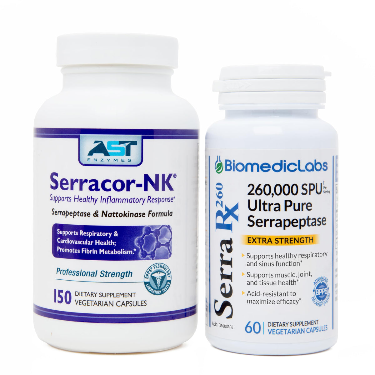 Biomedic Labs RX Serracor-NK capsules on bottle; supports healthy scar tissue and respiratory function.