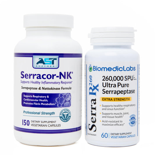 Biomedic Labs RX Serracor-NK capsules on bottle; supports healthy scar tissue and respiratory function.