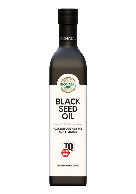 BioNatal Ethiopian black seed oil bottle highlights premium cold-pressed formulation for daily immune support.
