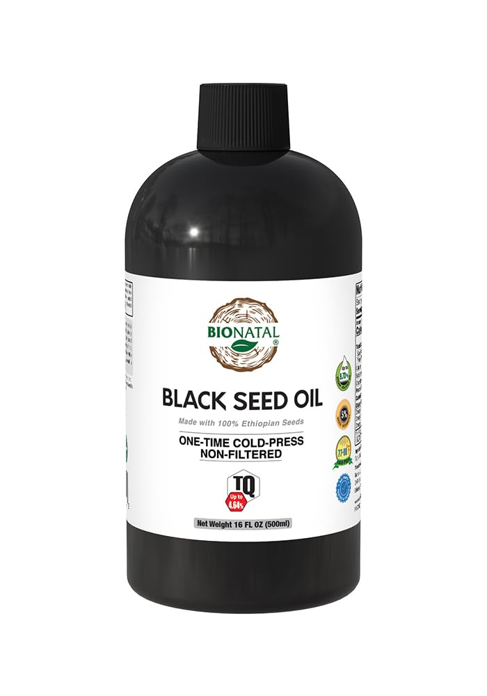 BioNatal Ethiopian black seed oil bottle highlighting high thymoquinone content for potential immune support