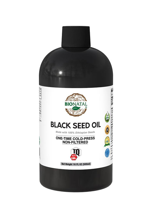 BioNatal Ethiopian black seed oil bottle highlighting high thymoquinone content for potential immune support