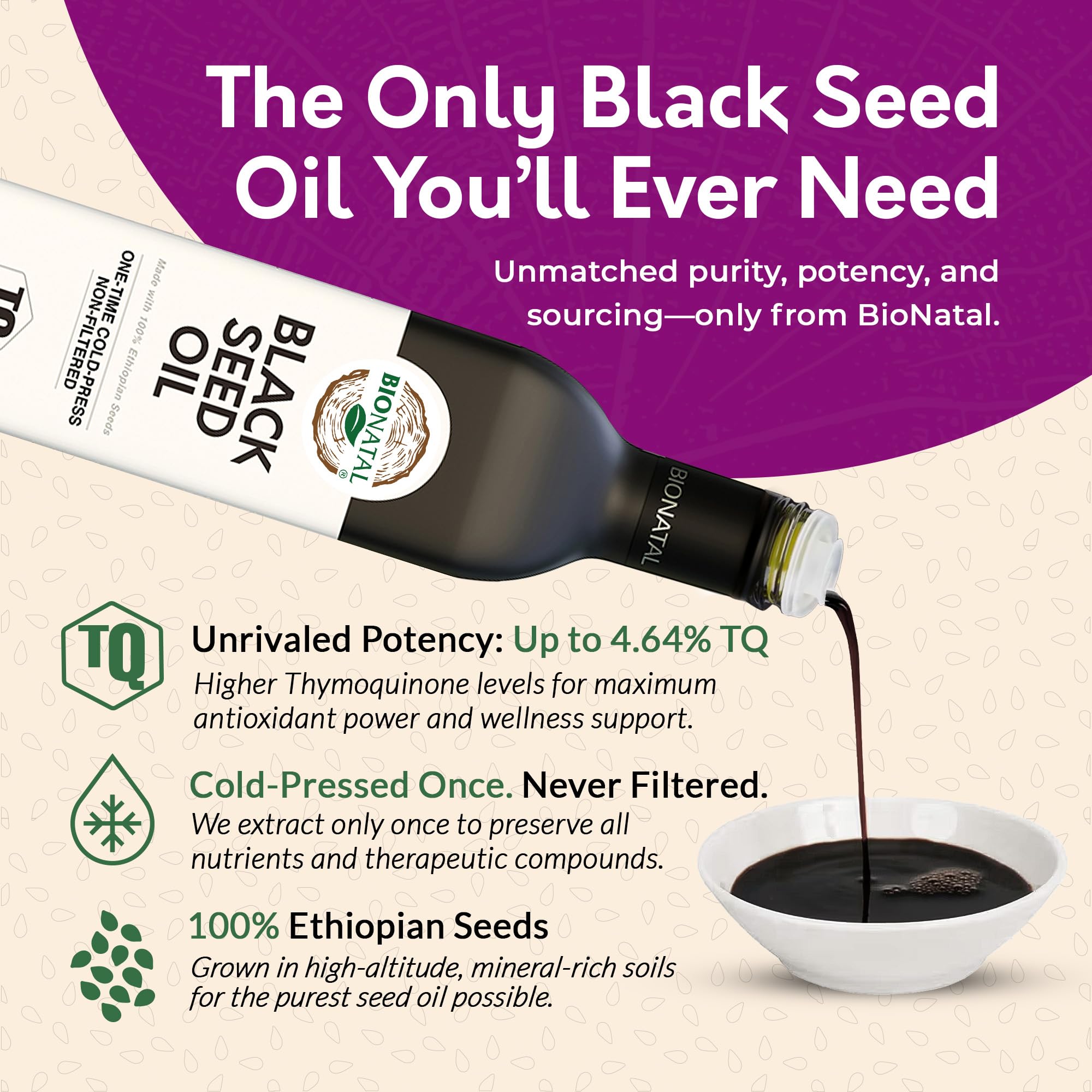 BioNatal Nigella seeds top view highlights pure raw ingredients for versatile use.