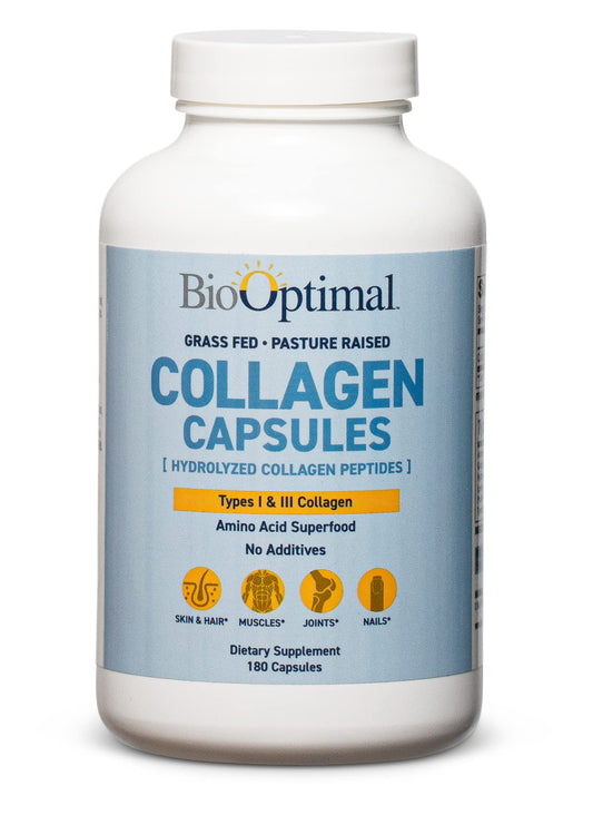 BioOptimal Collagen Capsules bottle close-up, unflavored daily-use supplement.