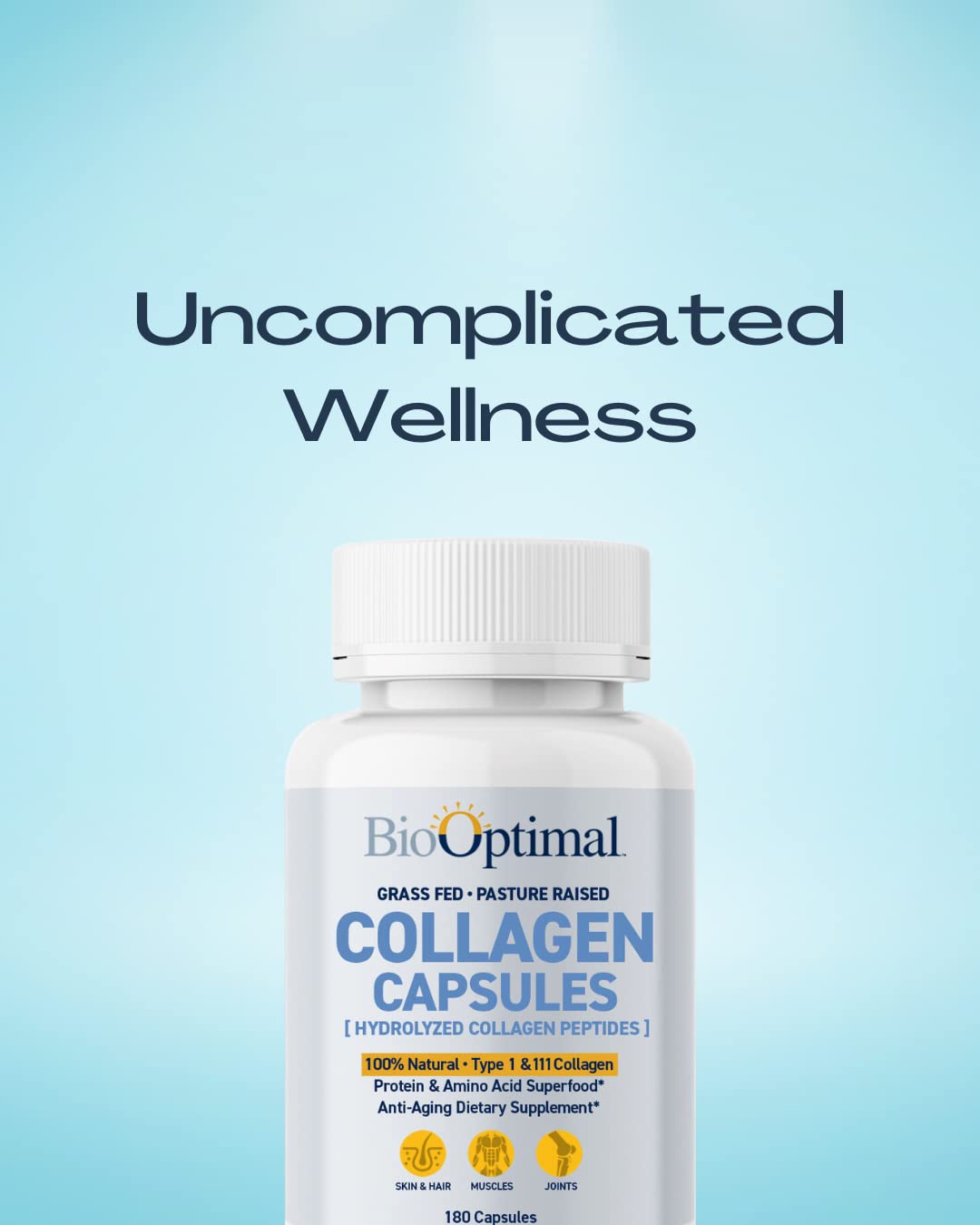 BioOptimal Collagen Capsules packaging front showing grass-fed attributes.