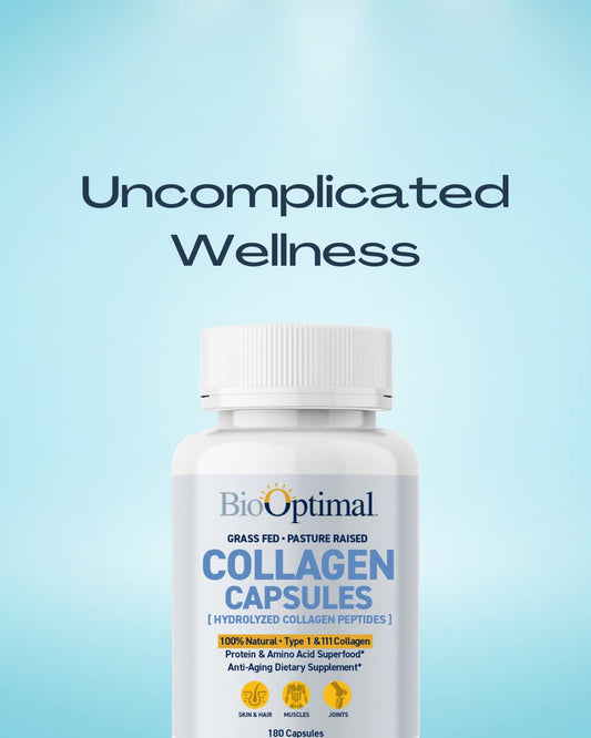 BioOptimal Collagen Capsules packaging front showing grass-fed attributes.
