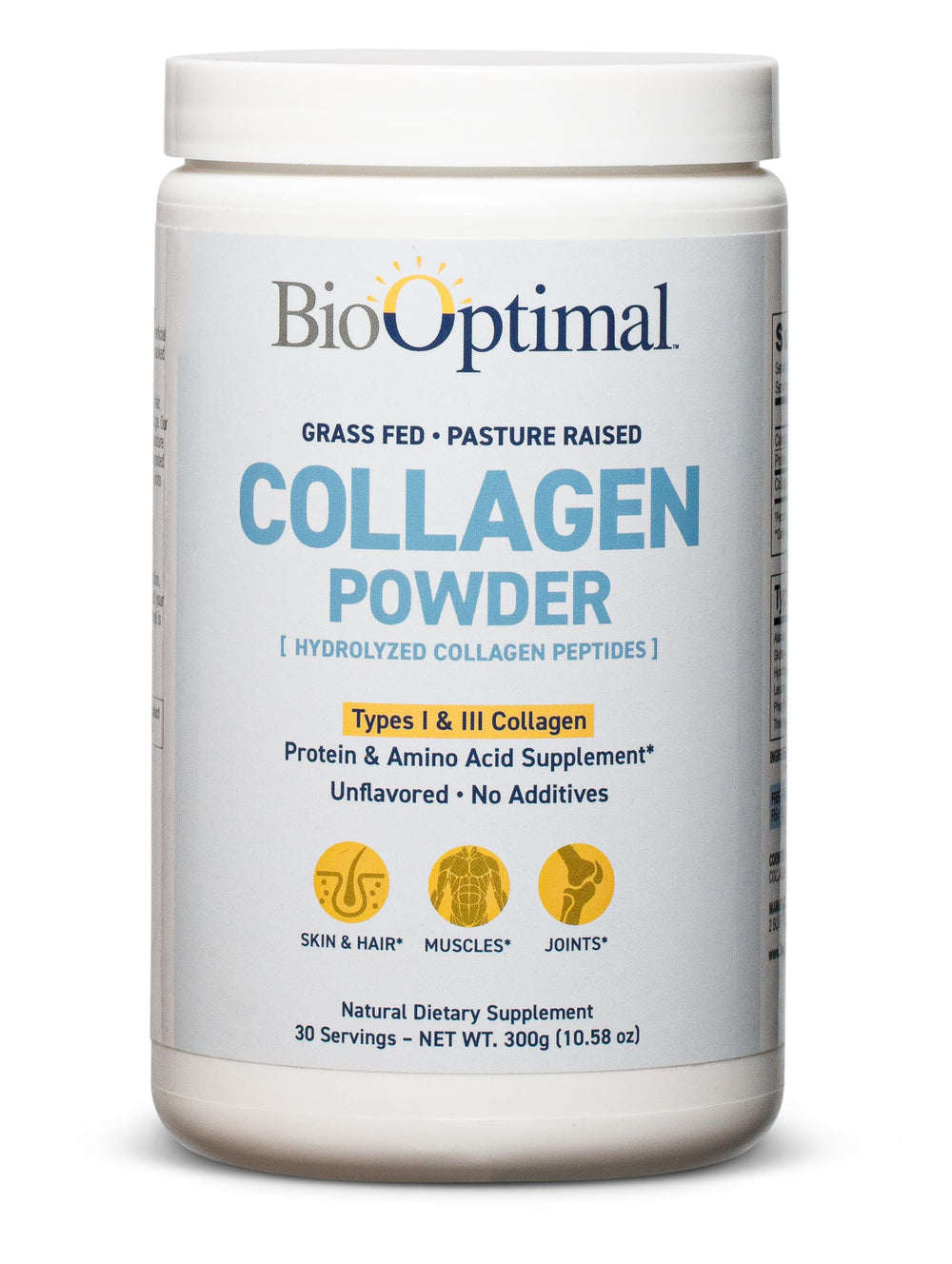 BioOptimal collagen peptides powder bottle closeup for daily skin and hair support