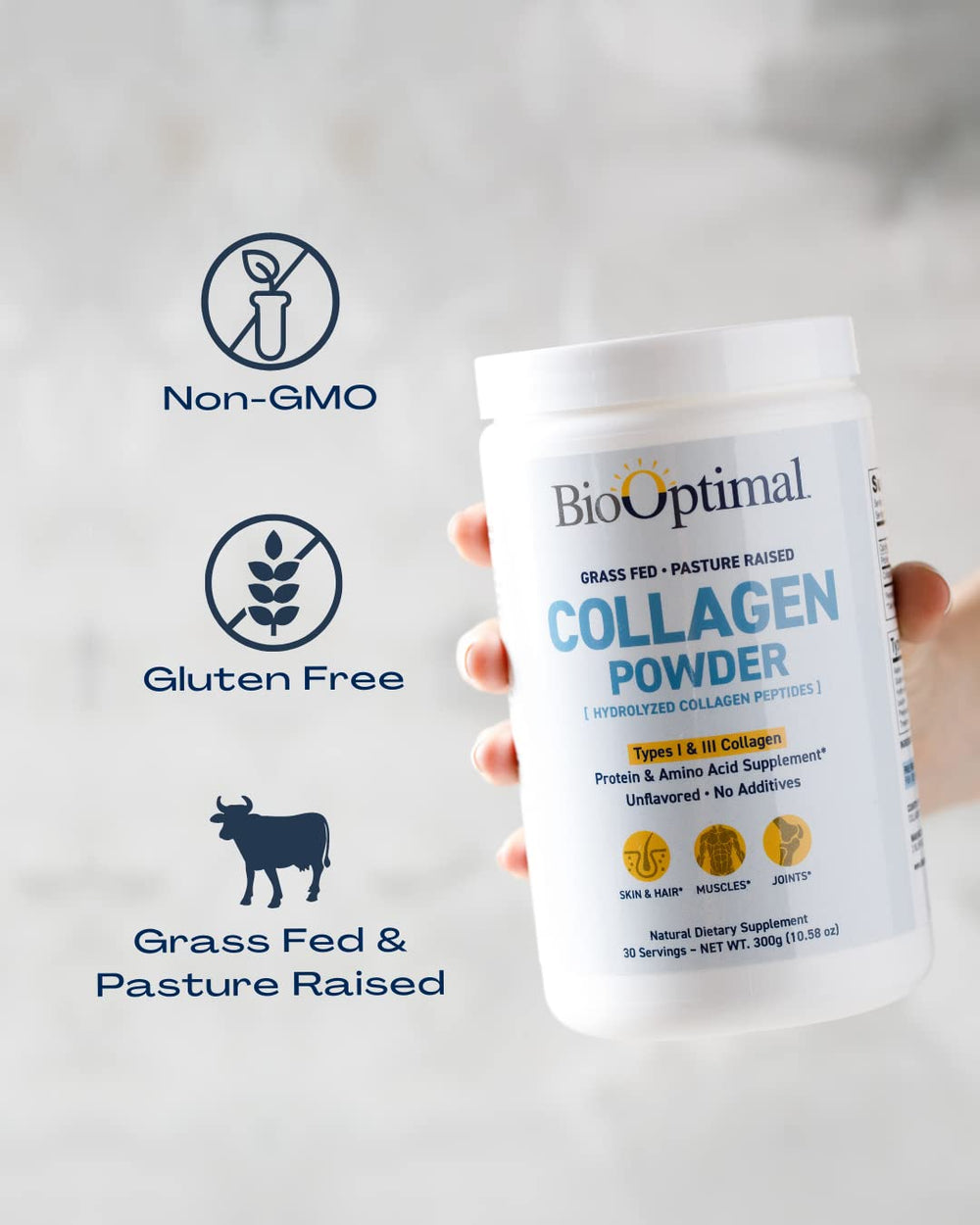 BioOptimal collagen peptides powder ingredient panel for clean supplement routine
