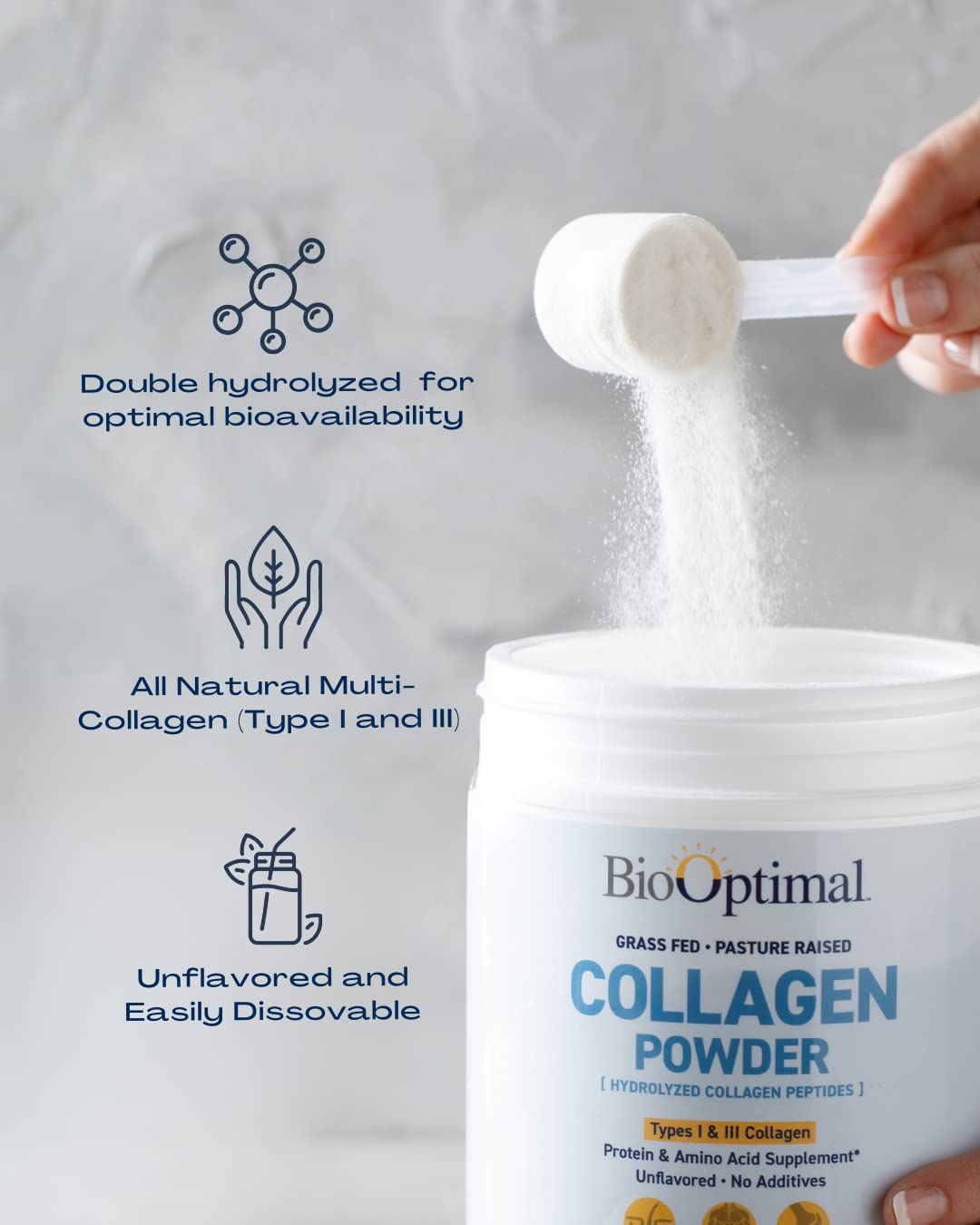 BioOptimal collagen peptides powder blended into smoothie