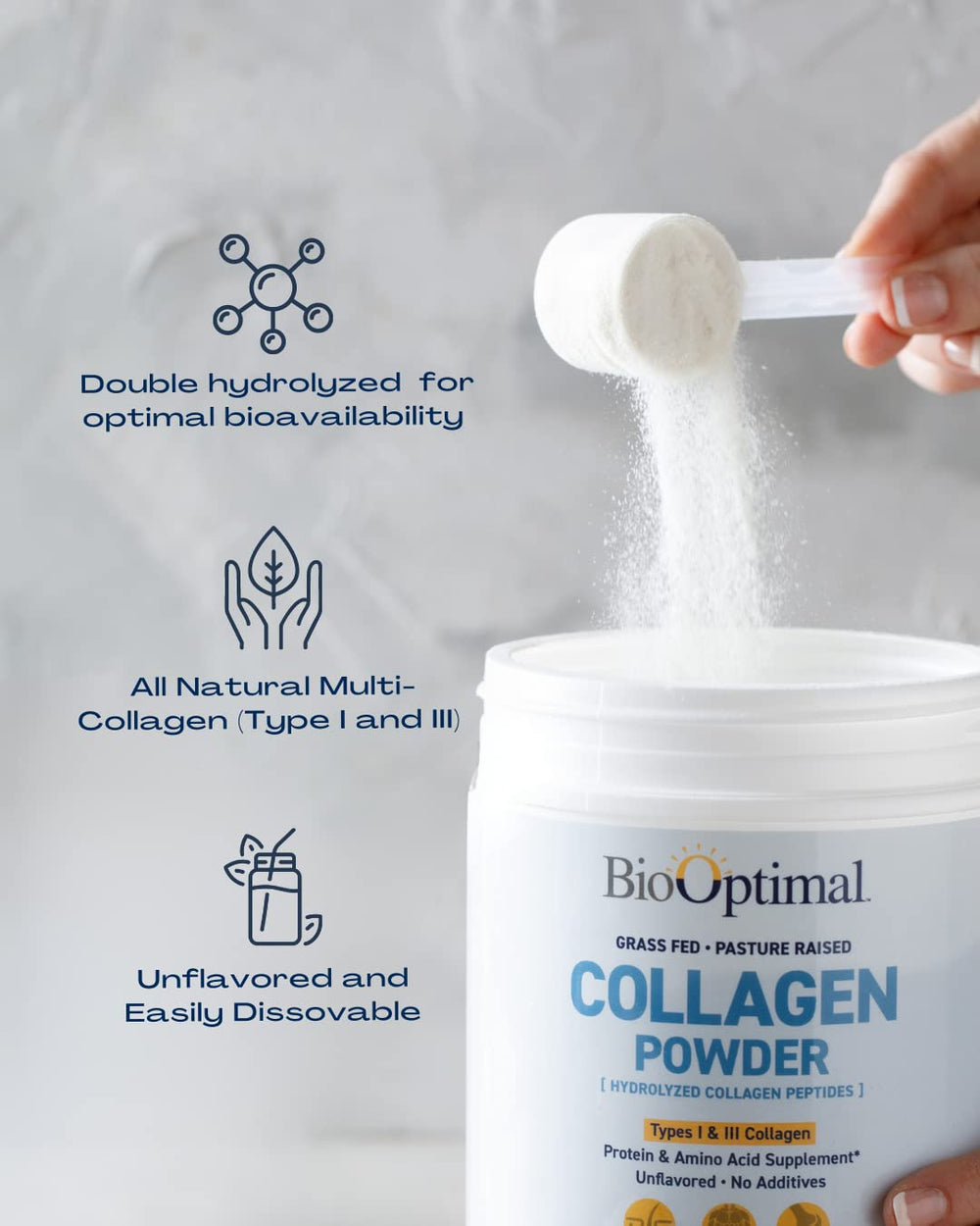 BioOptimal collagen peptides powder blended into smoothie