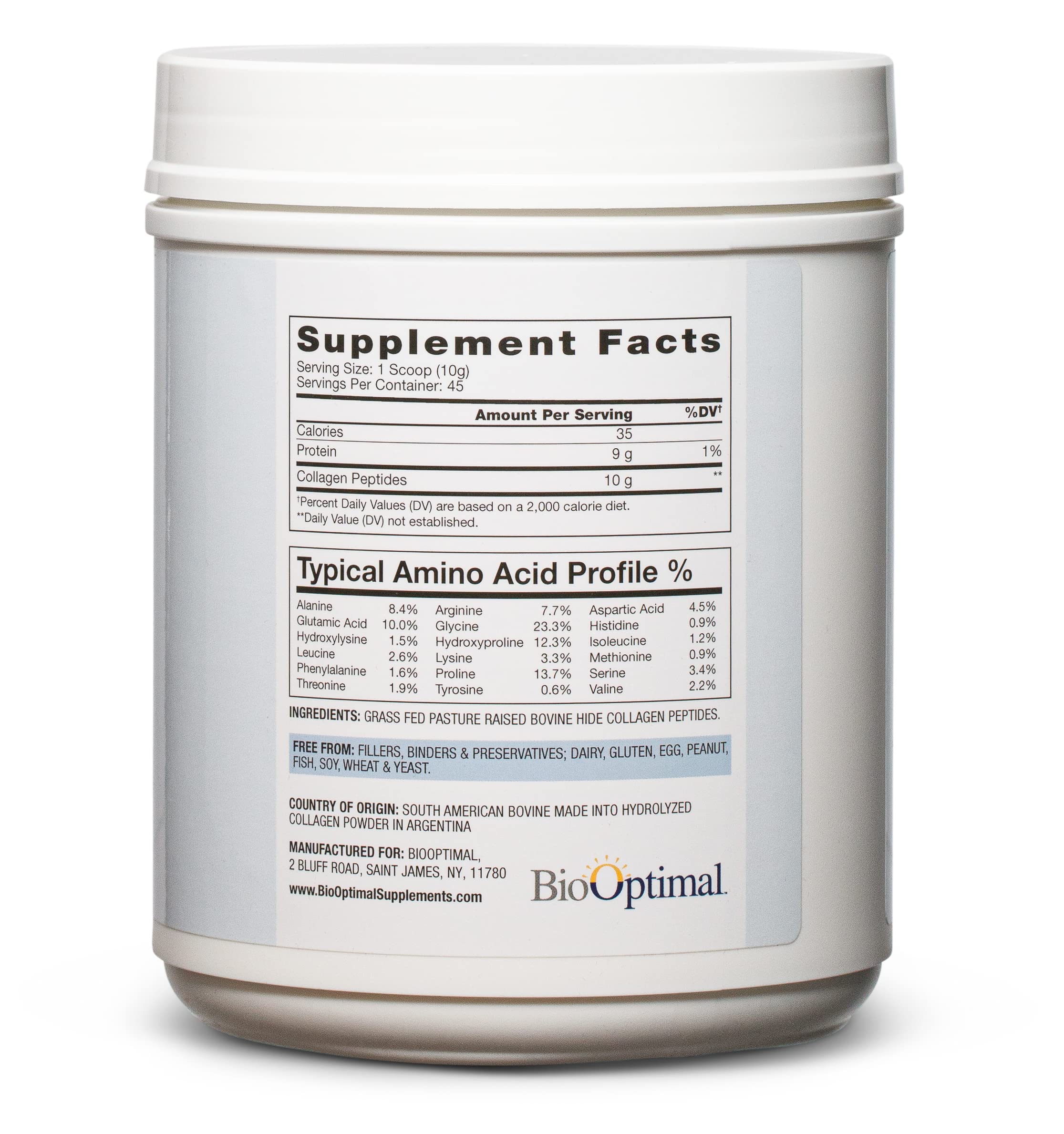 BioOptimal Collagen Peptides packaging displays third-party testing seal.