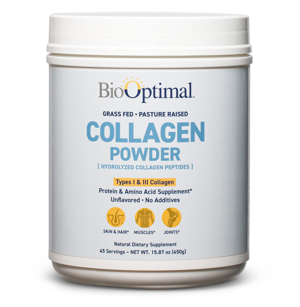 BioOptimal Collagen Peptides powder tub highlighting grass-fed, non-GMO formula.