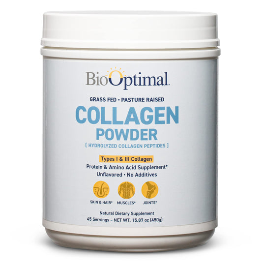 BioOptimal Collagen Peptides powder tub highlighting grass-fed, non-GMO formula.