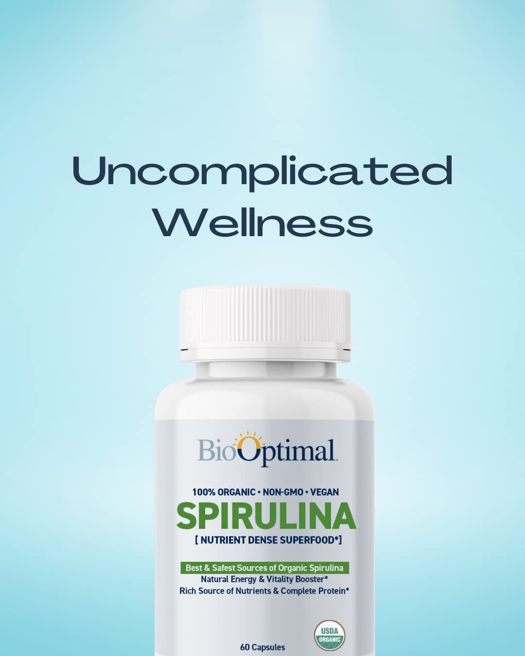 BioOptimal spirulina tablets label closeup, purity and organic quality highlighted.