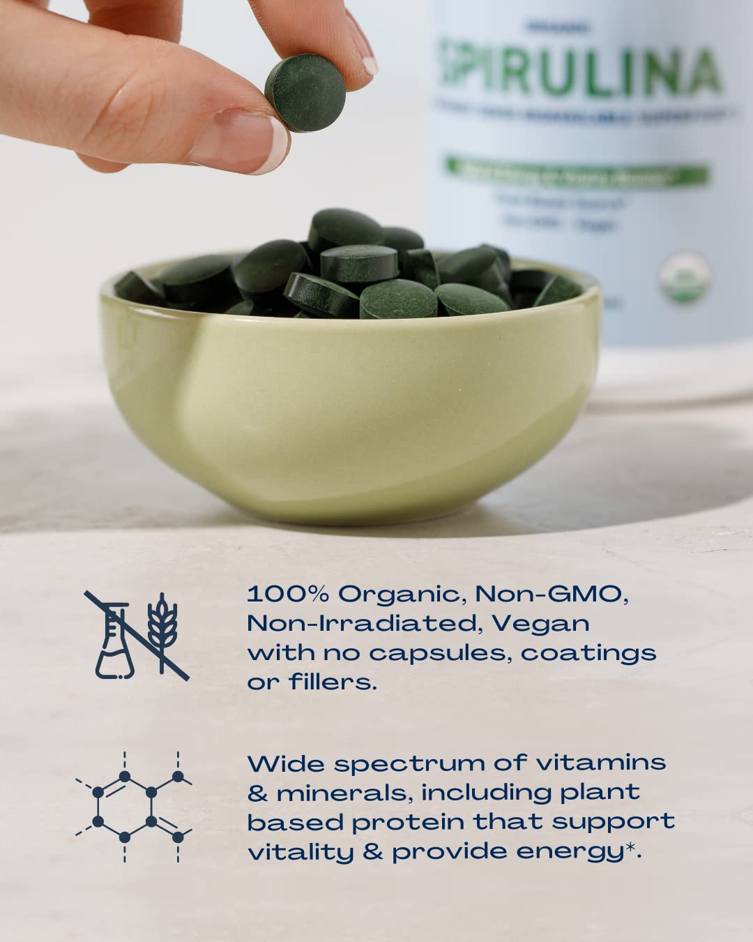 BioOptimal spirulina tablets nutrition graphic, vitamins and minerals at a glance.