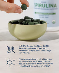 BioOptimal spirulina tablets nutrition graphic, vitamins and minerals at a glance.
