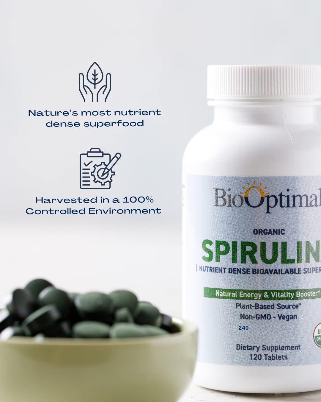 BioOptimal spirulina tablets organic-cert icon, signaling trusted sourcing.