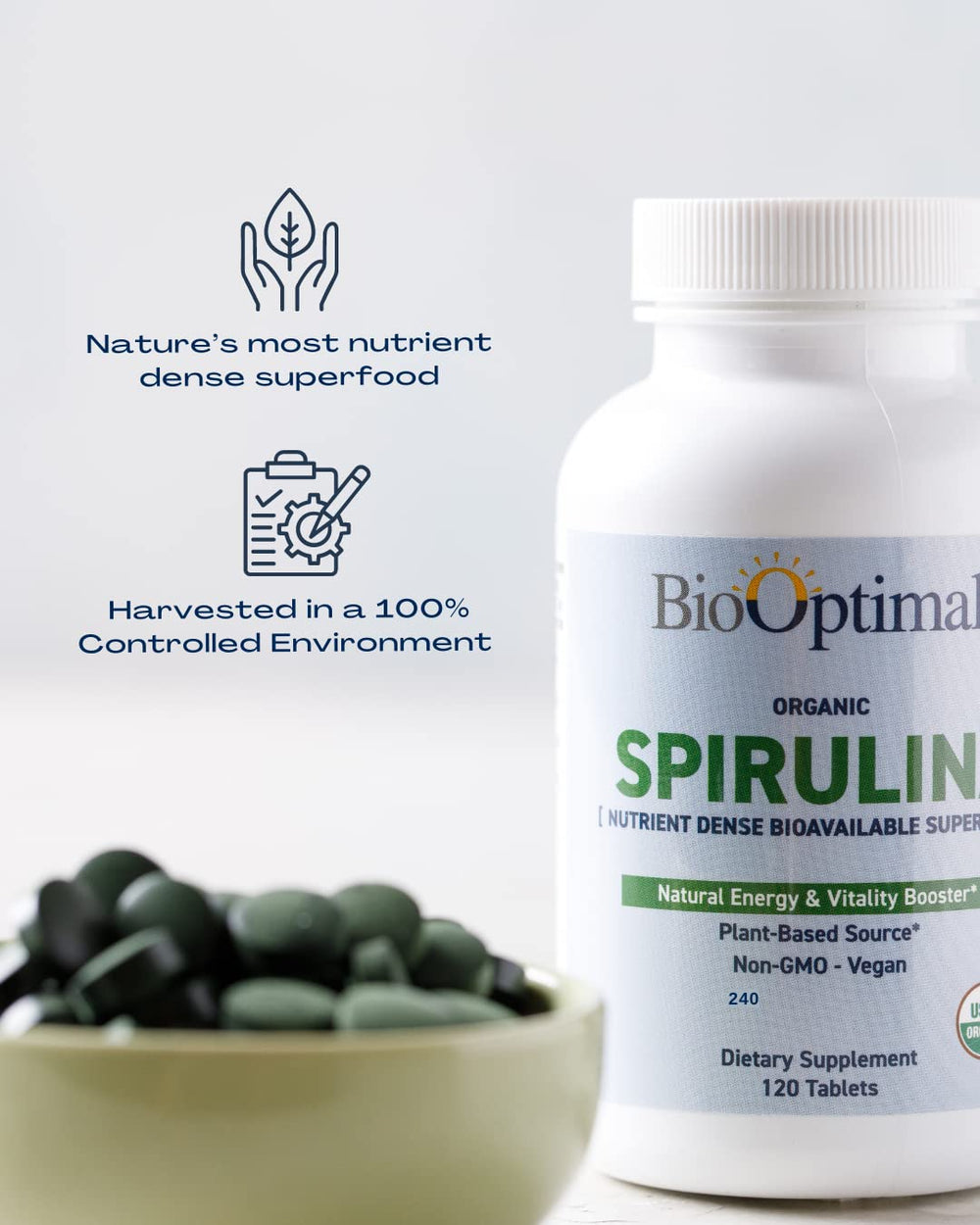 BioOptimal spirulina tablets organic-cert icon, signaling trusted sourcing.