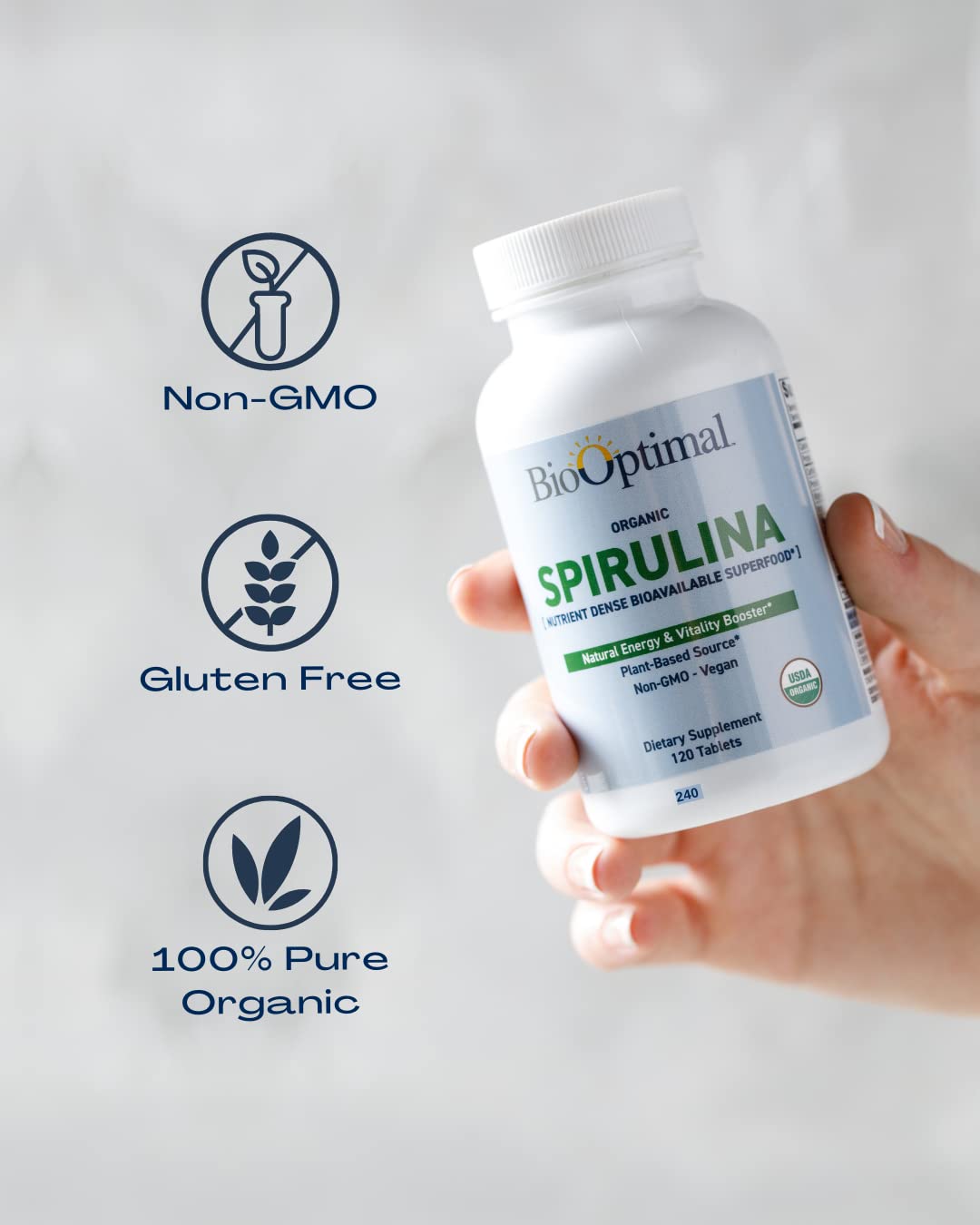 BioOptimal spirulina tablets packaging scene, simple daily routine.