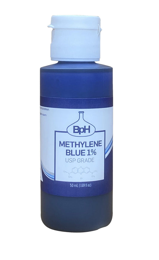 Biopharm Methylene Blue 1% bottle close-up showing USP purity.