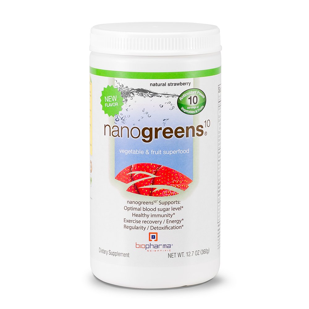 Biopharma Scientific NanoGreens strawberry bottle promoting daily energy support.