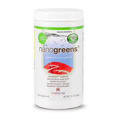 Biopharma Scientific NanoGreens strawberry bottle promoting daily energy support.