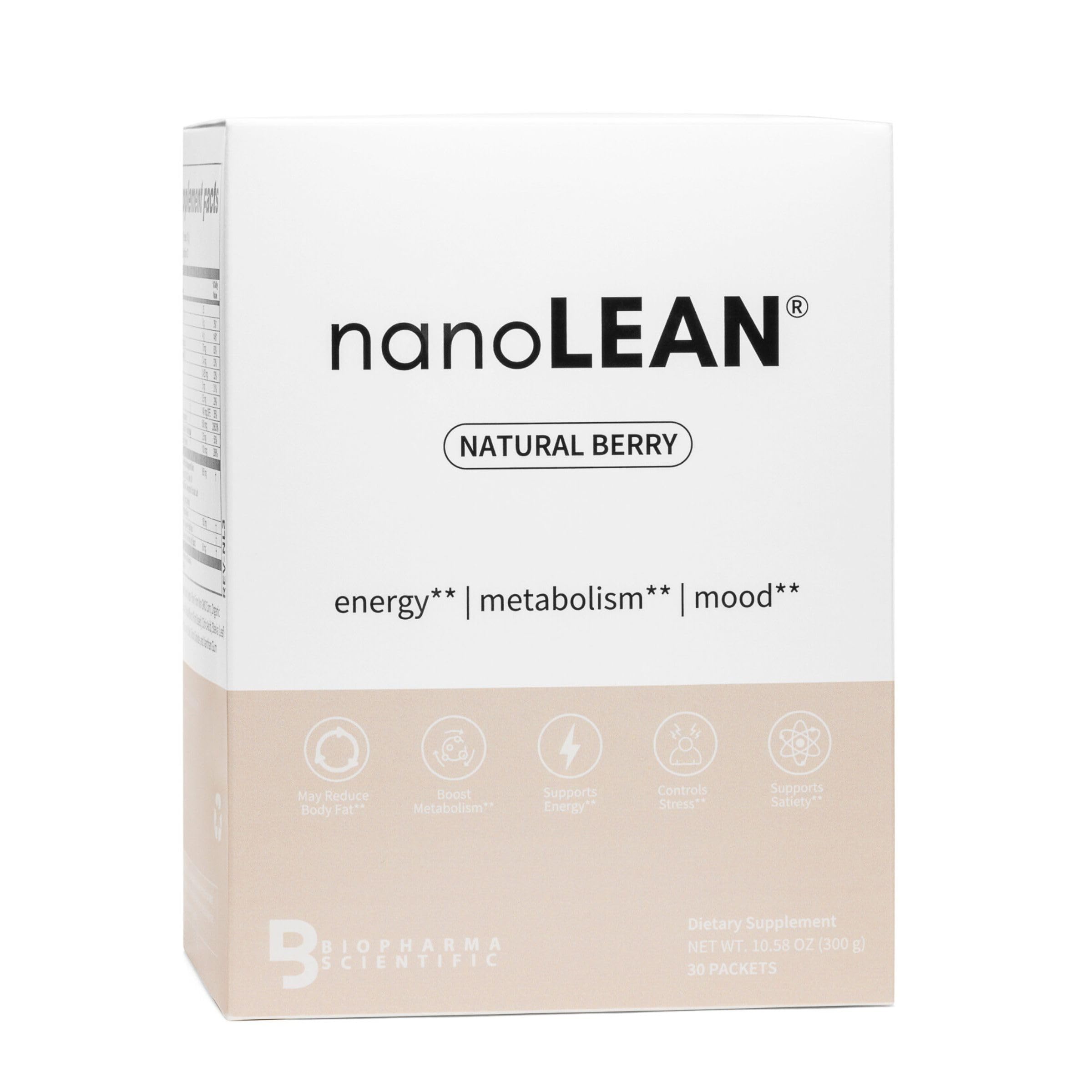 Biopharma Nanolean natural berry flavor bottle highlights metabolism-friendly energy.