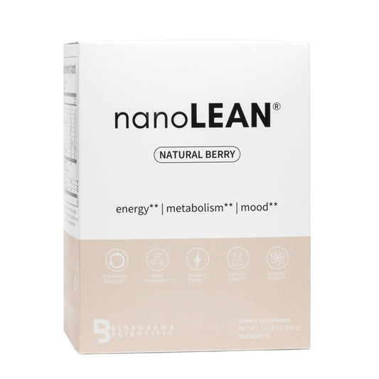 Biopharma Nanolean natural berry flavor bottle highlights metabolism-friendly energy.