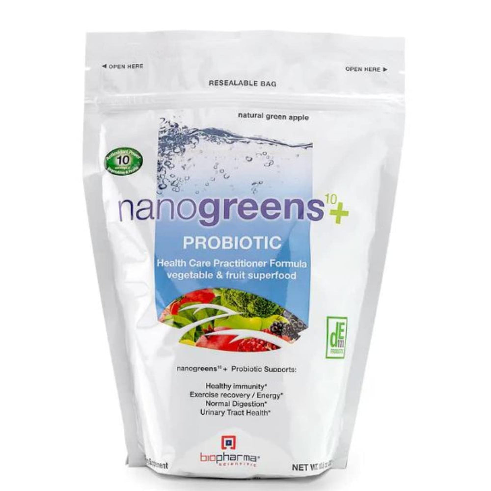 Biopharma Scientific Nanogreens bottle showing probiotic greens powder for daily gut support