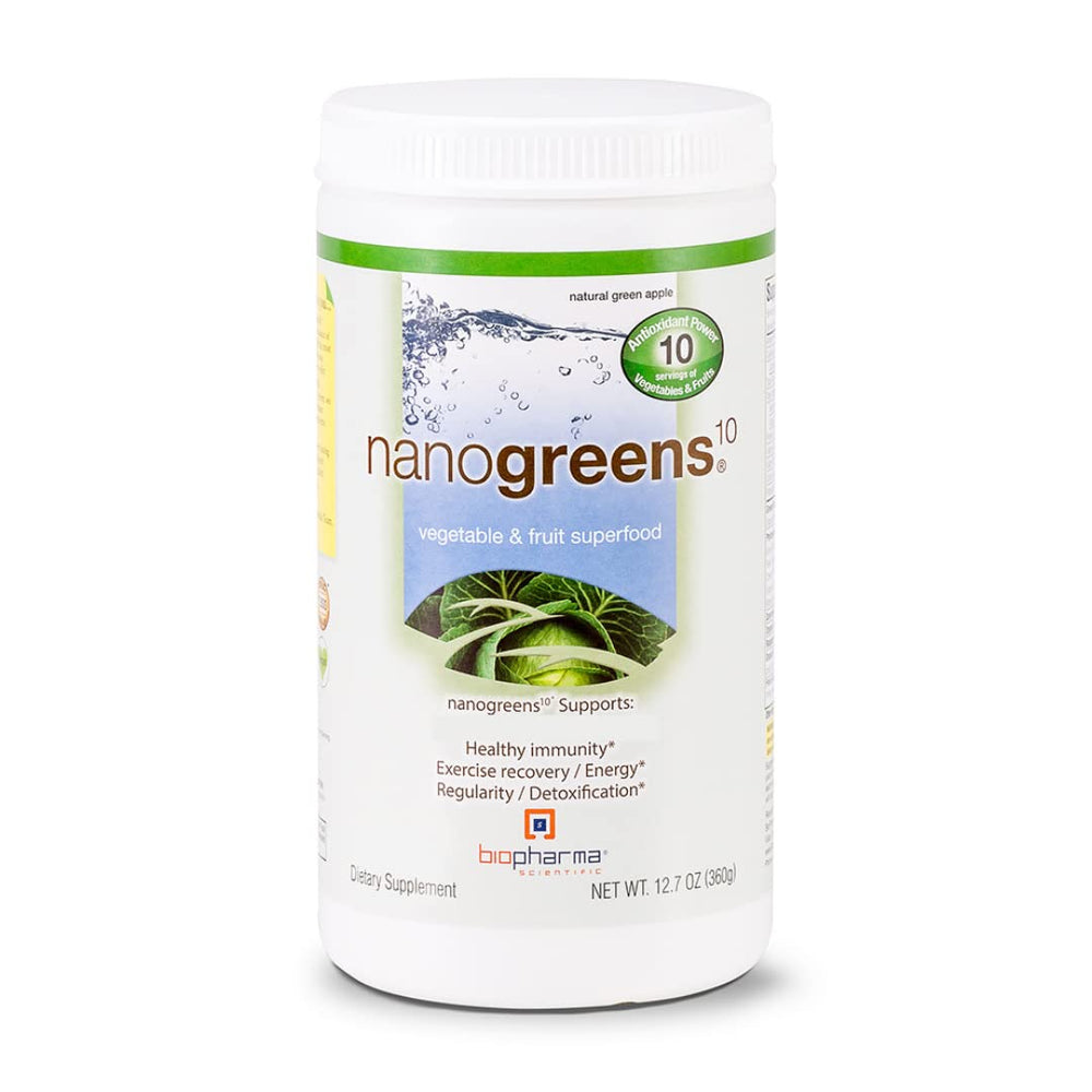 Biopharma Scientific NanoGreens tub on kitchen counter offering daily greens boost.