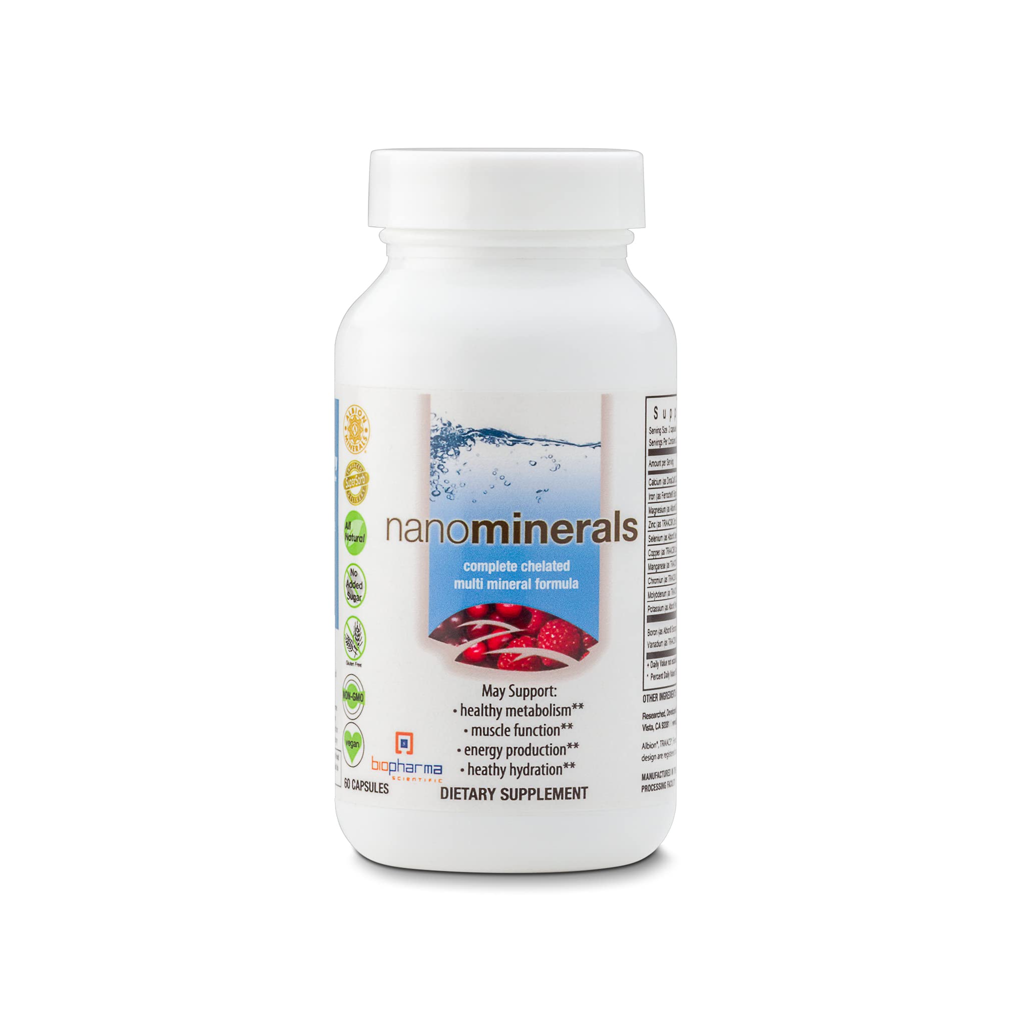 Biopharma Scientific NanoMinerals bottle cap close-up highlighting chelated minerals for better absorption.
