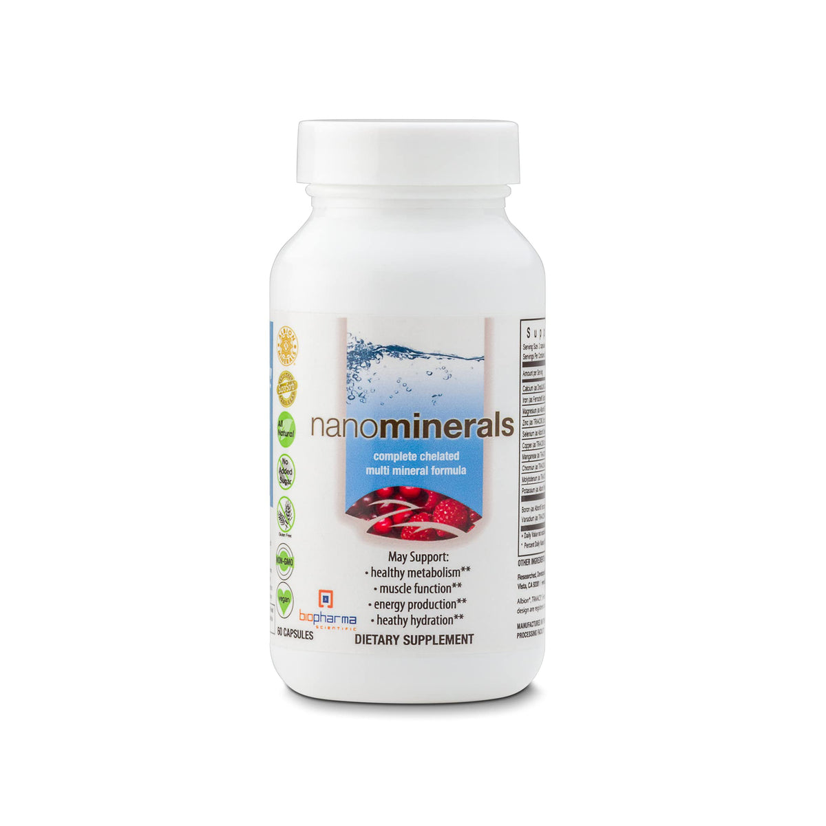 Biopharma Scientific NanoMinerals bottle cap close-up highlighting chelated minerals for better absorption.