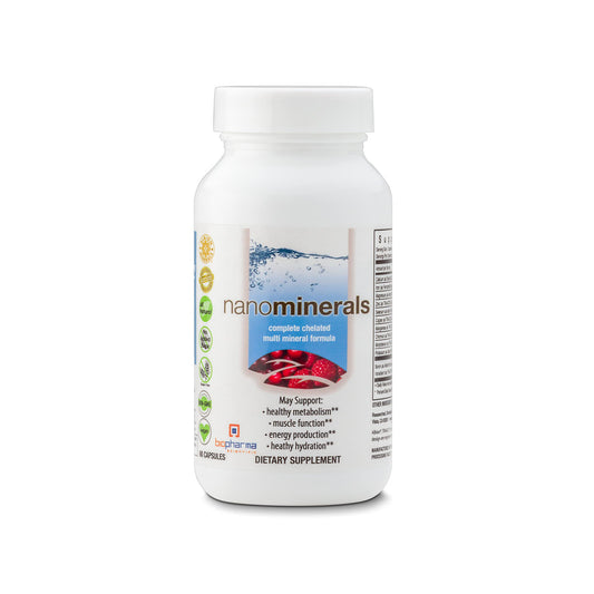 Biopharma Scientific NanoMinerals bottle cap close-up highlighting chelated minerals for better absorption.