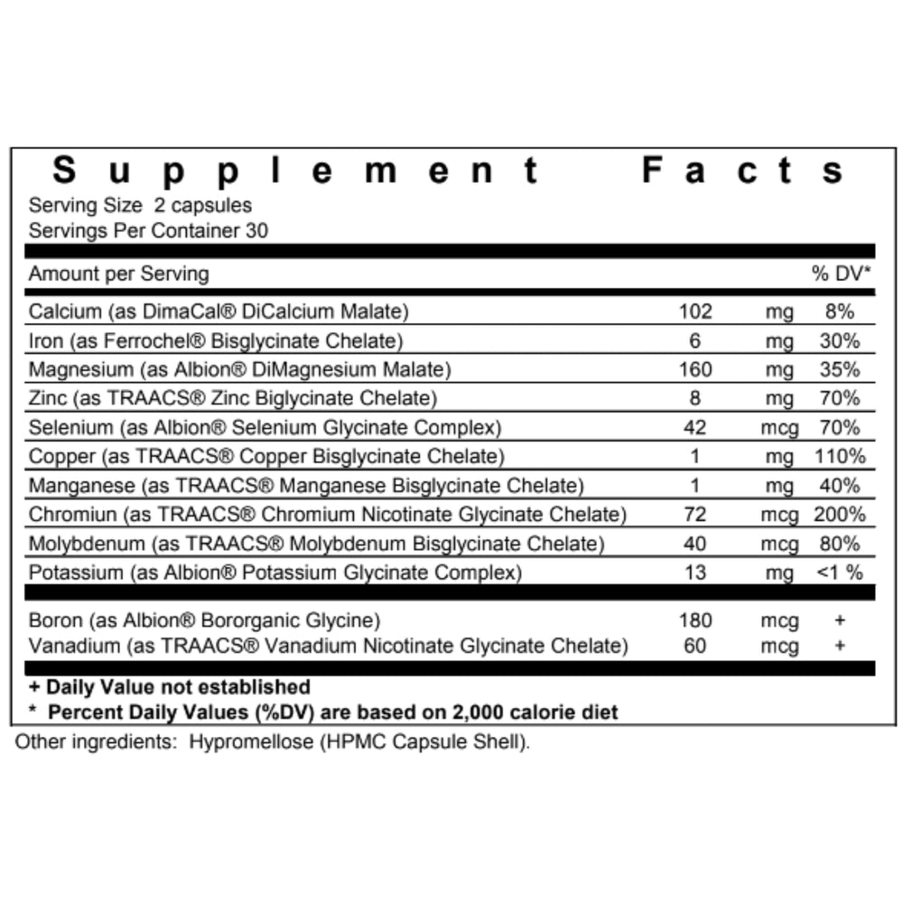 Biopharma Scientific NanoMinerals ingredients panel shows a broad spectrum of minerals.